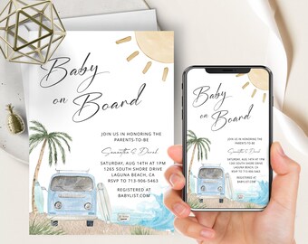 Baby On Board Invitation, Surf's Up, Beach Baby Shower, Vintage Bus, Pool Party, Summer Baby Shower Invite, Surfer Boy, Boy Baby Shower