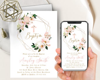 Blush Pink Floral Baptism Phone Evite+Printable Invite, Peach Peonies, Spring Floral, Girl Baptism Invite, Gold Frame, Cross, Pink Flowers