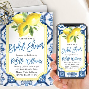 Blue Tiles Lemon Bridal Shower Phone Evite+Printable Invite, Mediterranean Tile, Lemons, Citrus, Capri, Italian Positano Theme Invitations