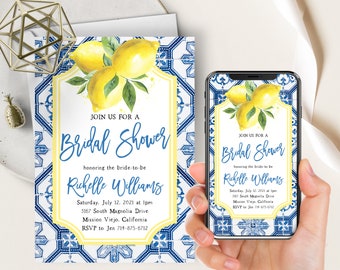 Blaue Fliesen Zitrone Brautdusche Telefon Evite + Printable einladen, mediterrane Fliesen, Zitronen, Zitrus, Capri, italienische Positano-Thema Einladungen