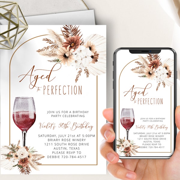 Winery Birthday Party Phone Evite+Printable Invite, Aged To Perfection, Pampas Grass, Burnt Orange, Terracotta Floral Watercolor,ANY Bithday