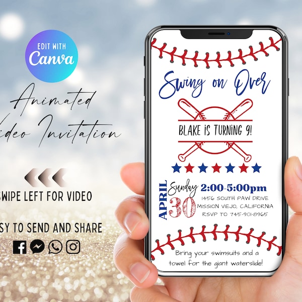 Baseball Birthday Party Video Invitation, Animated Invite, Swing On Over, Softball, Allstar, ANY Age, Digital, Electronic Evite, Batter Up