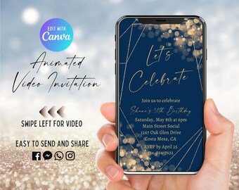 Navy & Gold Birthday Video Invitation, Animated Invite, ANY Birthday, Let's Celebrate, Bokeh Glitter Lights, 50th, 40th, 30th, 21st, Sparkle