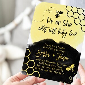 Bee Gender Reveal Phone Evite+Printable Invite, What Will Baby Bee, Yellow And Black Watercolor, Modern, Bumble Bee Invite, Reveal Decor image 3