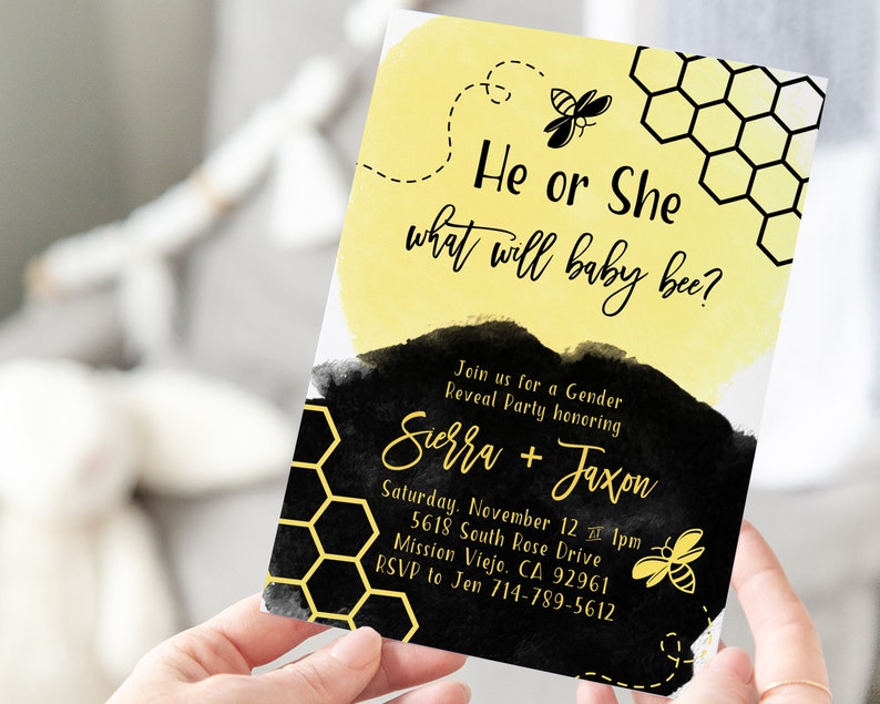Bee Gender Reveal Phone Evite+Printable Invite, What Will Baby Bee, Yellow And Black Watercolor, Modern, Bumble Bee Invite, Reveal Decor image 3