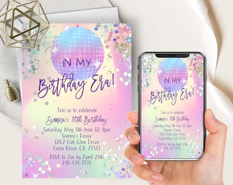 In My Birthday Era Invitation, Rainbow Sparkle, Teen Birthday, Glitter, Neon, Purple and Pink Eras Party, Watercolor, Disco Ball Music