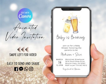 May include: A smartphone screen displaying a baby shower invitation with a watercolor illustration of a baby bottle and a beer glass. The text reads "Baby is Brewing" and includes details about the event, including the date, time, location, and RSVP information.