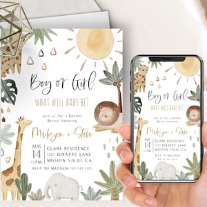 Boho Safari Gender Reveal Evite+Printable Invite, Jungle Theme, Wild One Is On The Way, Zoo Animals, He Or She, Boy Or Girl, Jungle Animals
