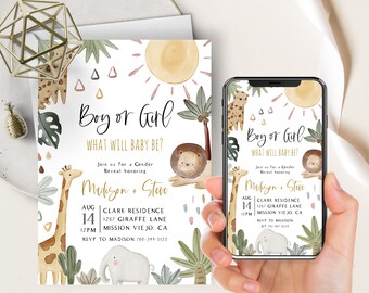 Boho Safari Gender Reveal Evite+Printable Invite, Jungle Theme, Wild One Is On The Way, Zoo Animals, He Or She, Boy Or Girl, Jungle Animals