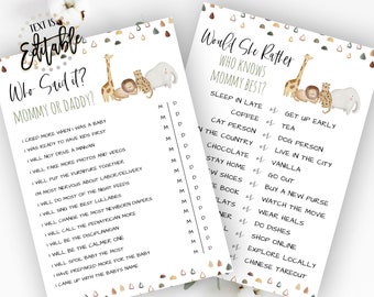 Boho Safari Baby Shower Games, Would She Rather Game, Who Said It Mommy or Daddy, Boy Baby Shower, Jungle Theme, Wild One, Safari Animals