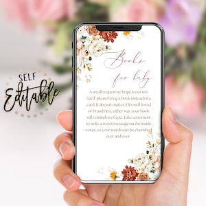 May include: A printable baby shower invitation with a floral design and the text "Books for baby". The invitation requests guests to bring a book instead of a card for the baby.