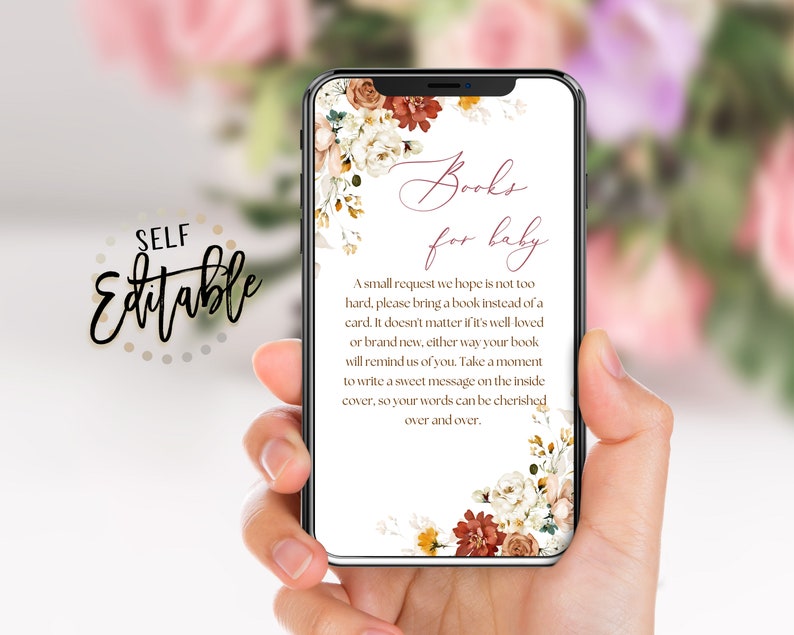 May include: A printable baby shower invitation with a floral design and the text "Books for baby". The invitation requests guests to bring a book instead of a card for the baby.