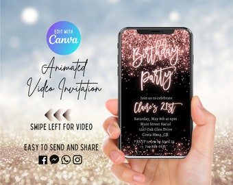 Birthday Video Invitation, Animated Invite, Rose Gold Invitation, 21st Birthday, ANY Age, Digital, Electronic Evite, Editable Template