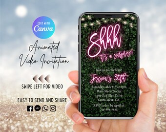 Greenery Wall Neon Pink Birthday Video Invitation, Animated Invite, Surprise 30th Birthday, ANY Age, Digital, Electronic Evite, Template