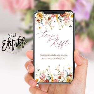 May include: A phone screen mockup with a floral design and the text "Diaper Raffle" in a pink script font. The text below reads "Bring a pack of diapers, any size, for a chance to win a prize!"