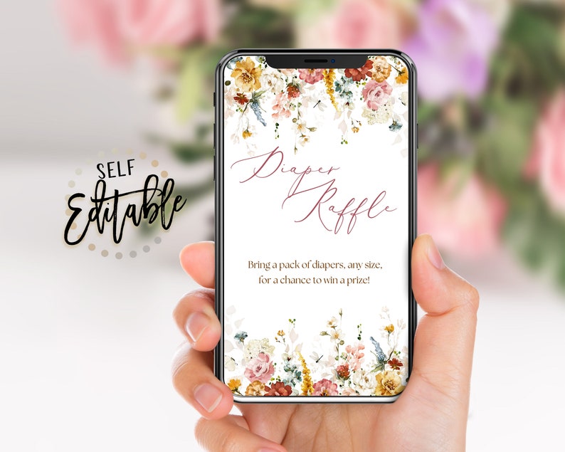 May include: A phone screen mockup with a floral design and the text "Diaper Raffle" in a pink script font. The text below reads "Bring a pack of diapers, any size, for a chance to win a prize!"