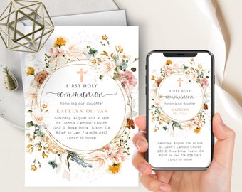 Spring Floral First Holy Communion Phone Evite+Printable Invite, Blush Dusty Rose Wildflowers, Girl Communion Invite, Colorful, Boho,Cottage
