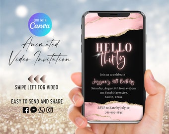 30th Birthday Video Invitation, Animated Invite, Hello Thirty, ANY AGE, Blush Pink Agate Geode Watercolor, Gold Glitter, Hello 30, Evite