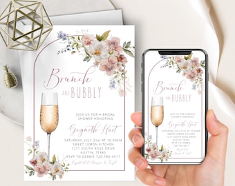 Wildflower Bridal Shower Phone Evite+Printable Invite, Brunch And Bubbly Invitation, Mauve Dusty Rose Floral, Rustic, Arch, Lilac, Burgundy