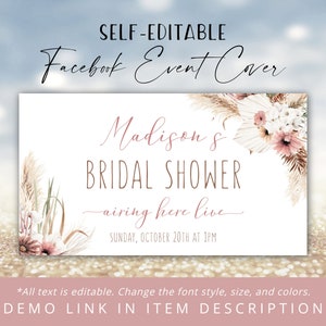 May include: A white Facebook event cover template with a floral design and the text "Madison's Bridal Shower - airing here live - Sunday, October 20th at 1PM".