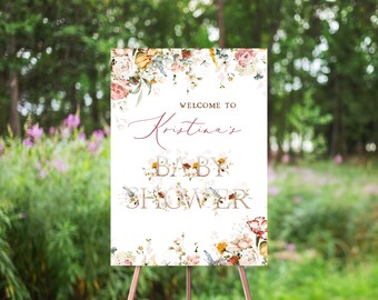 Cottage Floral Baby Shower Welcome Sign, Baby In Bloom, Boho Baby Shower, Wildflowers, Spring Floral, Dusty Rose, Large Welcome Poster