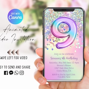 Rainbow Sparkle 9th Birthday Video Invitation, Animated Invite, Foil Balloon, Girl Birthday, Glitter, Neon, Colorful, Watercolor, Evite