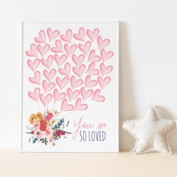 Wildflowers Signature Guest Book, 36 Pink Watercolor Hearts, Baby In Bloom Guestbook Poster, Baby Shower, Colorful Flowers, Vibrant, Boho