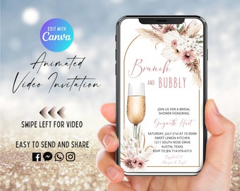 Boho Bridal Shower Video Invitation, Animated Invite, Brunch And Bubbly, Dusty Rose, Blush Pink Floral, Pampas Grass, Electronic Evite