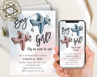 Airplane Gender Reveal Phone Evite+Printable Invite, Vintage Planes, Pink Or Blue, He Or She, Dusty Blue and Pink Watercolor,Reveal Party