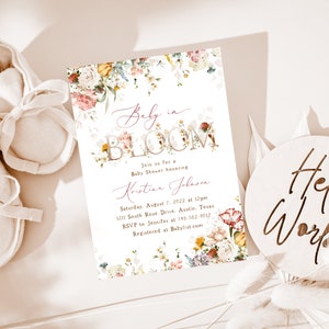 Baby In Bloom Invite Set, Spring Floral, Blush Dusty Rose Wildflowers, Boho Spring Flowers, Girl Baby Shower Invitation, Cottage, Fall bild 4