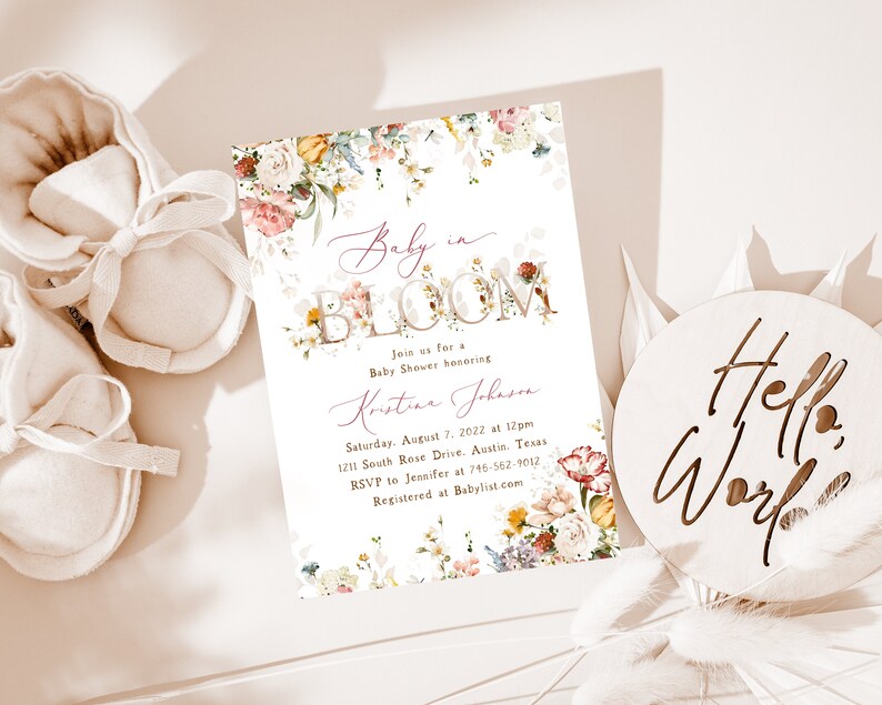 Baby In Bloom Invite Set, Spring Floral, Blush Dusty Rose Wildflowers, Boho Spring Flowers, Girl Baby Shower Invitation, Cottage, Fall bild 4