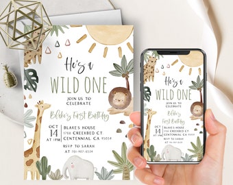 Boho Safari Birthday Evite+Printable Invite, Jungle Animals, Wild One 1st Birthday, Zoo Animals, Boy, Jungle Theme, First Birthday, Giraffe