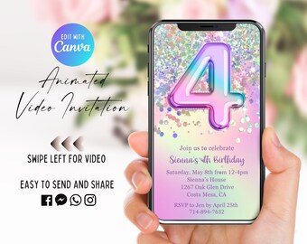 Rainbow Sparkle 4th Birthday Video Invitation, Animated Invite, Foil Balloon, Girl Birthday, Glitter, Neon, Colorful, Watercolor, Evite
