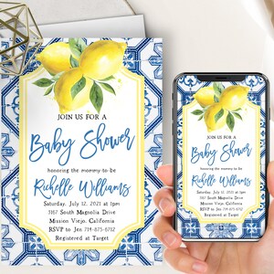 Blue Tiles Lemon Baby Shower Phone Evite+Printable Invite, Mediterranean Tile, Lemons, Citrus, Capri, Italian Positano Theme, Boy, Girl