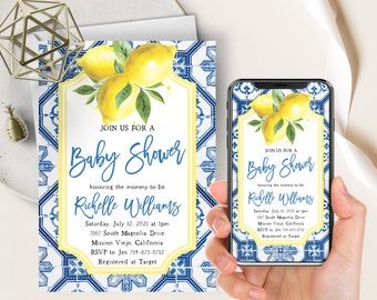 Blue Tiles Lemon Baby Shower Phone Evite+Printable Invite, Mediterranean Tile, Lemons, Citrus, Capri, Italian Positano Theme, Boy, Girl