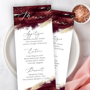 Menu de mariage bordeaux, aquarelle bordeaux et or, modèle de menu pour le dîner, toutes les occasions, modifiable à faire soi-même, minimaliste, élégant, bordeaux