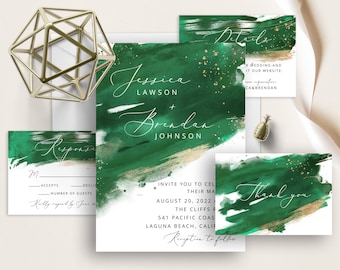 Emerald Green Wedding Invite Set, Emerald And Gold Watercolor Splash, Paint Brush Strokes, Modern, Simple, Elegant Wedding Invitation