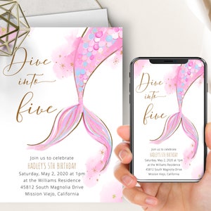 Pink Dive Into Five Mermaid Birthday Invite, 5th Birthday, Mermaid Tail, Pink Watercolor, Girl, Mermaid Pool Party, Under The Sea, Evite,