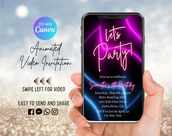 Neon Birthday Video Invitation, Animated Invite, Let's Party, 21st Birthday, ANY Age, Pink And Blue Lights, Digital, Electronic Evite