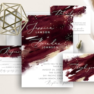 Burgundy Wedding Invite Set, Burgundy And Gold Watercolor Splash, Paint Brush Strokes, Minimalist, Elegant Wedding Invitation, Red, Maroon