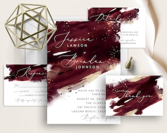 Burgundy Wedding Invite Set, Burgundy And Gold Watercolor Splash, Paint Brush Strokes, Minimalist, Elegant Wedding Invitation, Red, Maroon