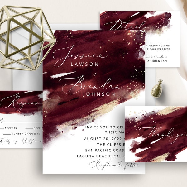 Burgundy Wedding Invite Set, Burgundy And Gold Watercolor Splash, Paint Brush Strokes, Minimalist, Elegant Wedding Invitation, Red, Maroon