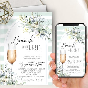 Greenery Baby Shower Phone Evite+Printable Invite, Brunch And Bubbly, Blue Floral, Stripes, Boy, Eucalyptus Succulents, Arch, Champagne