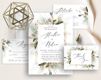 Greenery Wedding Invitation, Gold Geometric Frame, Bohemian Succulents, Eucalyptus Greenery, Boho Wedding Invite, Greenery Frame Watercolor