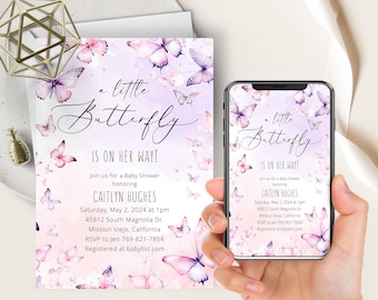 Butterfly Baby Shower Invite, Pink and Lavender Butterflies, A Little Butterfly Is on Her Way, Pink Purple Watercolor, Evite, Girl Shower