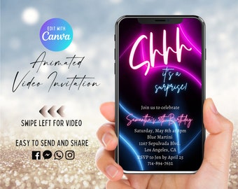 Neon Birthday Video Invitation, Animated Invite, Suprise Birthday Party, 30th Birthday, ANY Age, Pink And Blue Lights, Digital, Evite