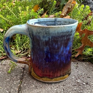 Handmade Stoneware Mug wheel thrown ~Latte or Cappuccino Mug~ Large Coffee Mug~ Blue & Red Studio Pottery Mug, Christmas Gift,Coffee Lovers