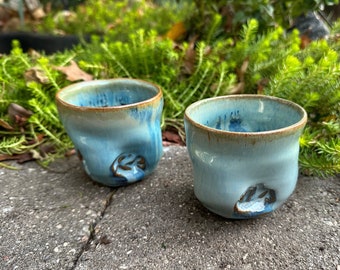 Handmade Stoneware Cup Set of Two~Wheel Thrown Pottery~Thumb Dent Cup~Blue Stemless Cups~ Barware~Stemless Wine Glasses~Liquor Cups~Dad Gift