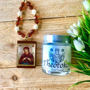 Handgemachte Sojakerze Theotokos-Set mit Miniikone der Jungfrau Maria Handgegossene göttliche Gelassenheitskerze Christliche Geschenkjungfrauen-Maria-Kerze