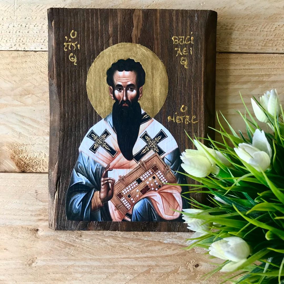 Handmade Wooden Icon of Saint Basil the Great - Orthodox Religious Art ...